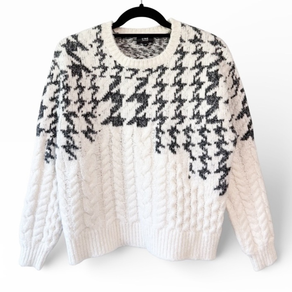 LINE The Label Riley Houndstooth Print Cable Knit Chunky Crew Neck Sweater Small